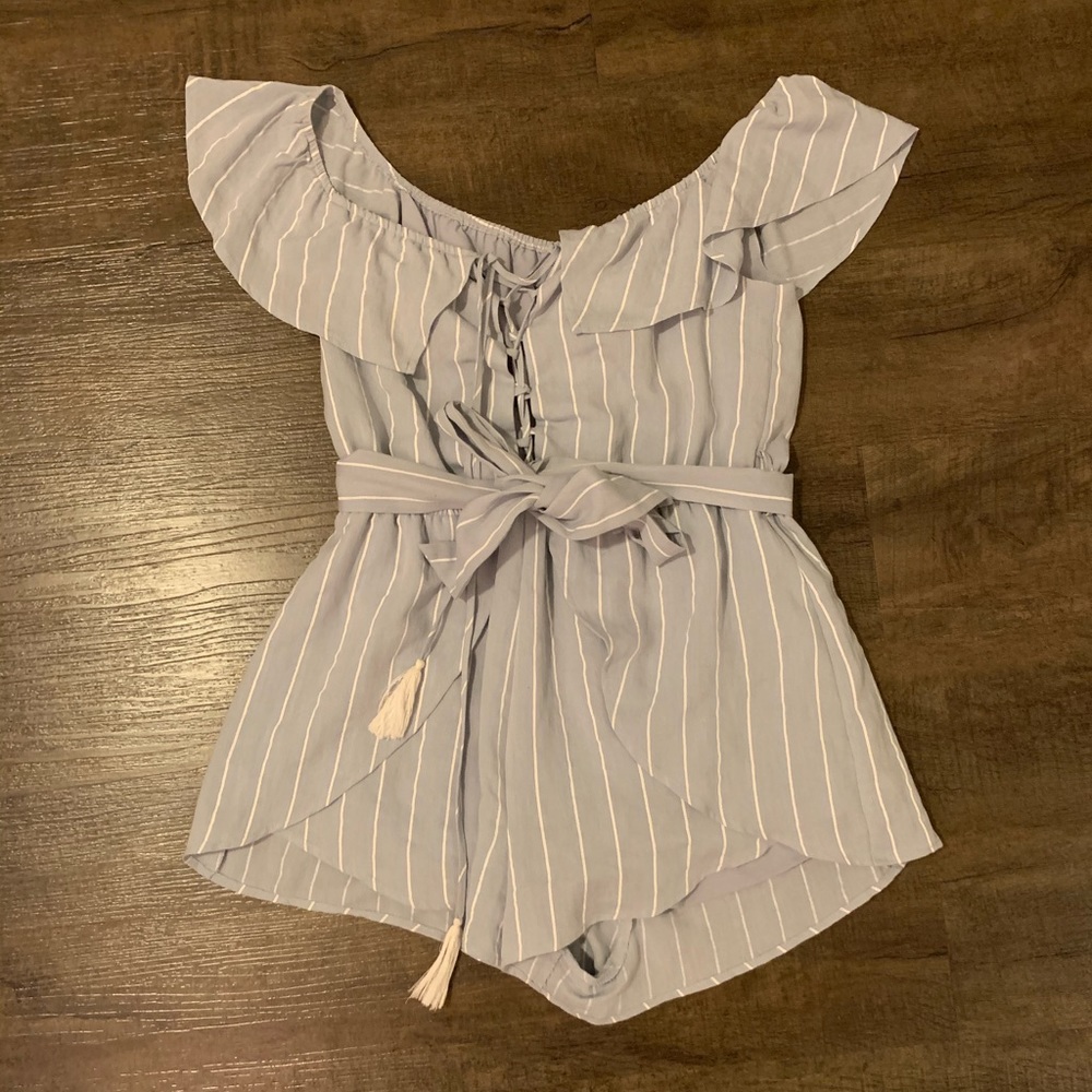 White and blue striped off the shoulder romper
